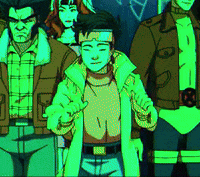 a group of cartoon characters are standing next to each other