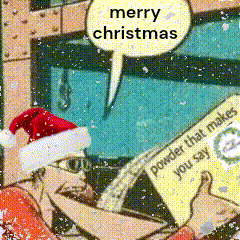 a man wearing a santa hat says merry christmas in a speech bubble