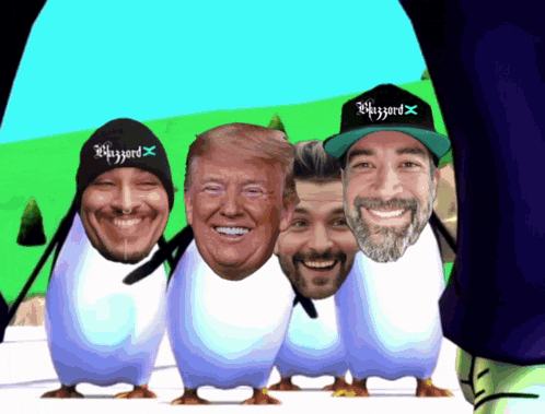 a group of penguins with donald trump 's faces on them