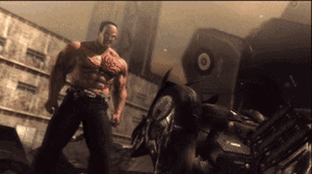a man with a bloody chest is standing in front of a motorcycle