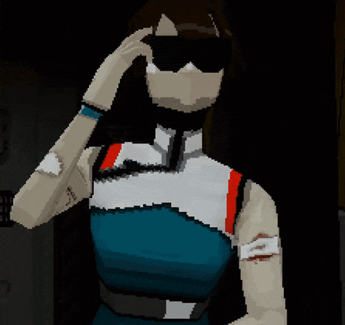 a pixel art of a woman in a blue top