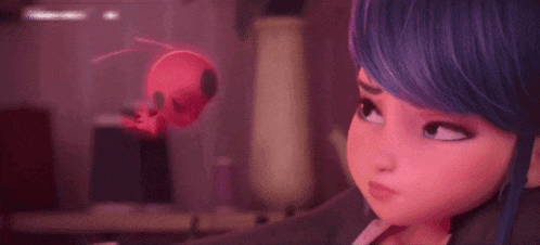 a cartoon girl is sitting on a couch with a red bug flying in the air .