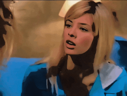 a painting of a woman with blonde hair and a blue shirt