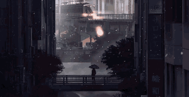 a person walking across a bridge with an umbrella in front of a sign that says ' salon '