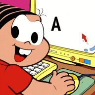 a cartoon character is typing on a computer keyboard with the letter a on the screen