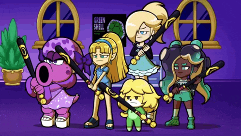 a group of cartoon characters holding bats in front of a green shell sign