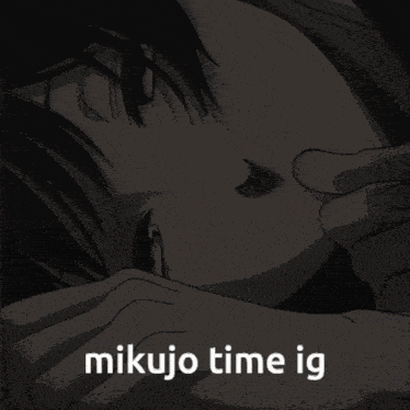 a close up of a person 's face with mikujo time ig written on the bottom