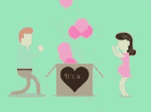 a man is kneeling down next to a box with a heart on it and balloons coming out of it .