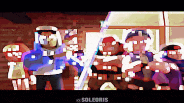 a pixel art of a group of people with the name soleoris on the bottom right