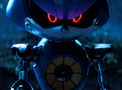 a close up of a robot with red eyes and a purple head