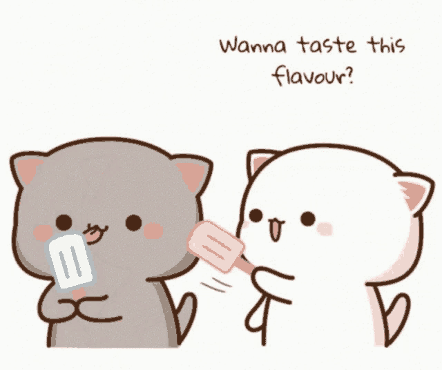 a cartoon cat holding a popsicle next to another cat that says " wanna taste this flavour " on the bottom