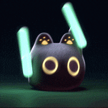 a black cat with glowing eyes and paws is holding two green lightsabers