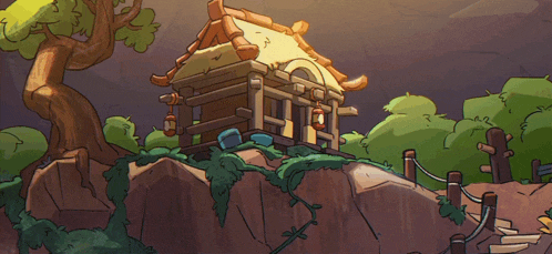 a cartoon drawing of a small house on a rocky hillside