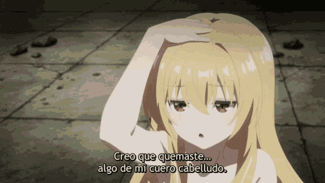 a naked anime girl says creo que quemaste algo de mi cuero cabelludo