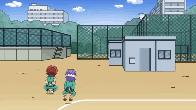 a cartoon drawing of a baseball field with a fence and buildings in the background