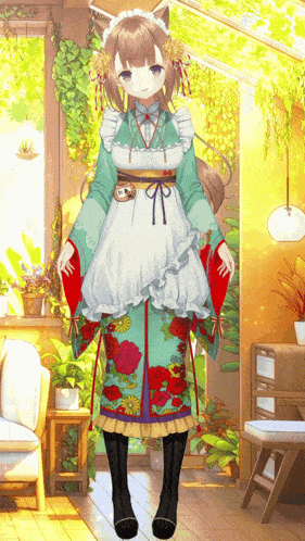a girl in a maid outfit is standing in a room with plants