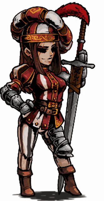a cartoon drawing of a woman in armor holding a sword and a red fan