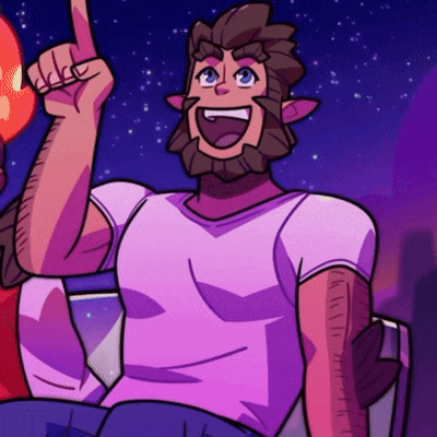 a cartoon drawing of a man with a beard and a purple shirt