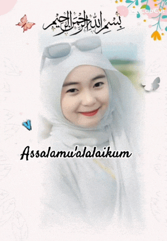 a woman wearing a white hijab is surrounded by butterflies and the word assalamualaikum