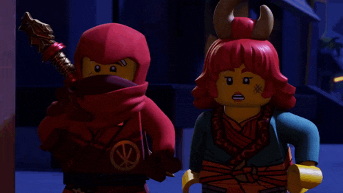 a lego figure with red hair and horns is standing in a dark room