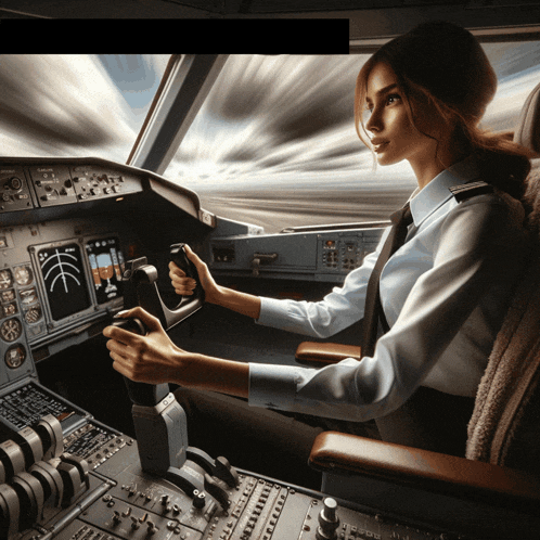 a female pilot is sitting in the cockpit of an airplane and holding a control wheel