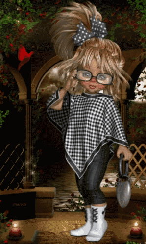 a doll wearing glasses and a plaid poncho holds a pot