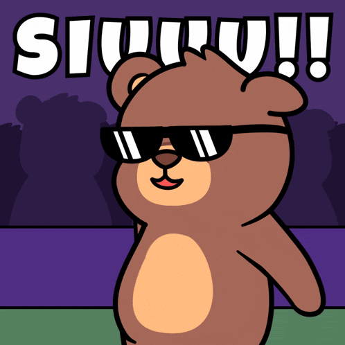a teddy bear wearing sunglasses says siuu
