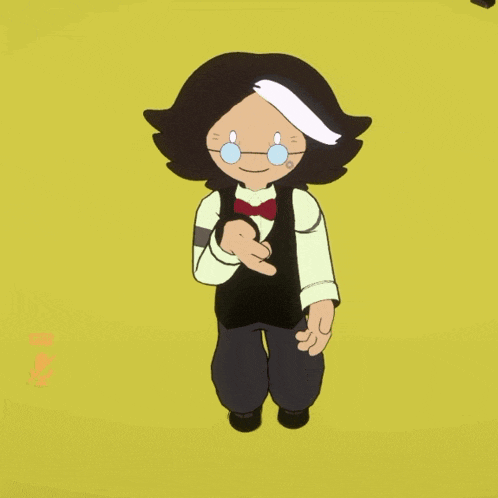 a cartoon character with glasses and a bow tie has a sad look on his face