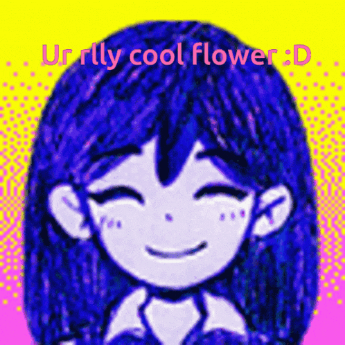 a drawing of a girl with the words ur rlly cool flower : d