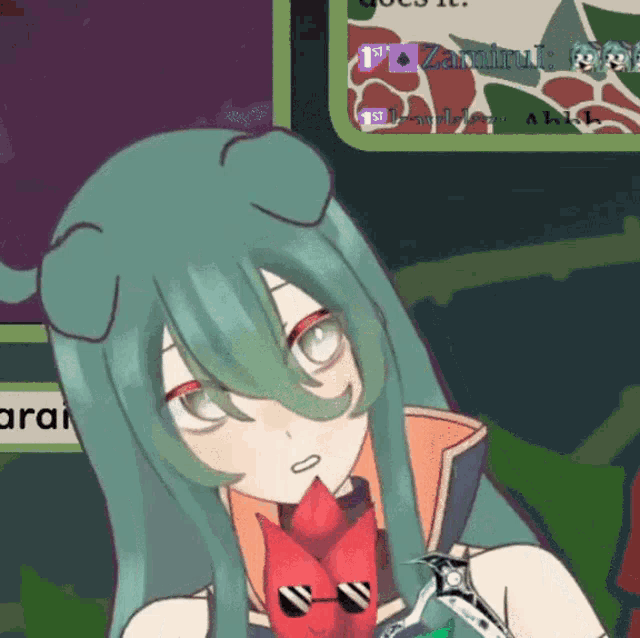 a drawing of a girl with green hair and sunglasses with the name zamirul written on the bottom left