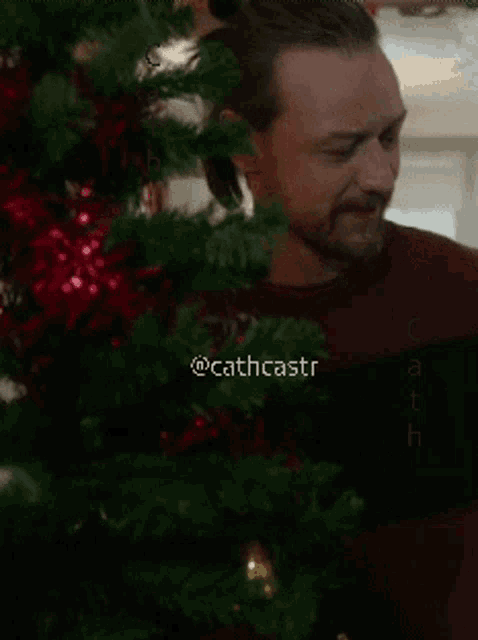 a man with a beard is decorating a christmas tree