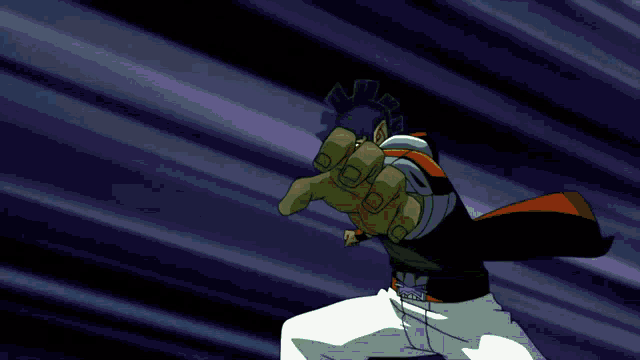 a cartoon character throws a green flame in the air