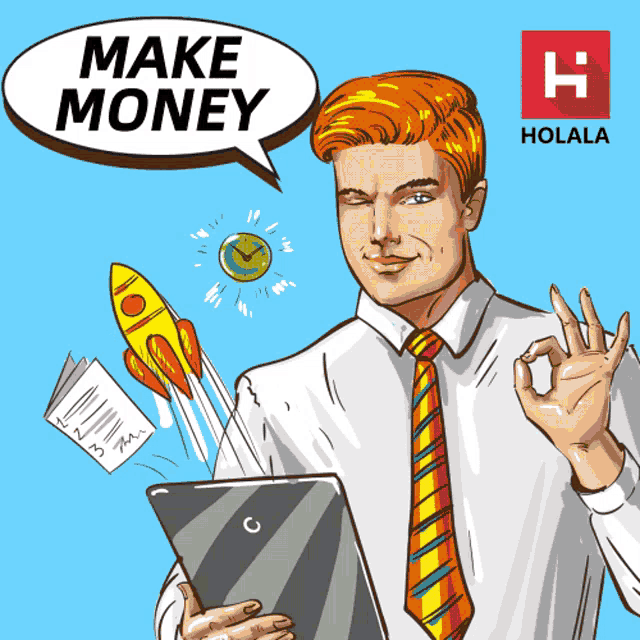 a man with red hair is holding a tablet and says make money