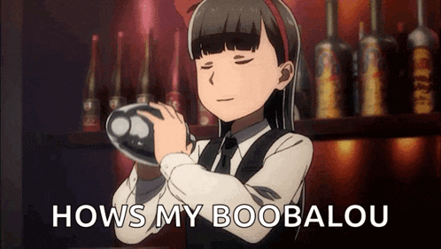 a girl is shaking a drink in a bar and the words hows my boobalou are above her .