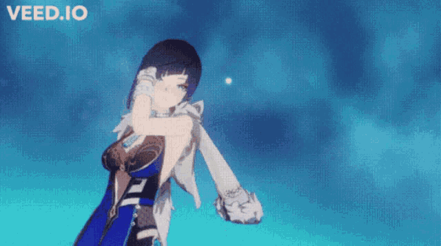 a girl in a blue dress with the word veed.io above her
