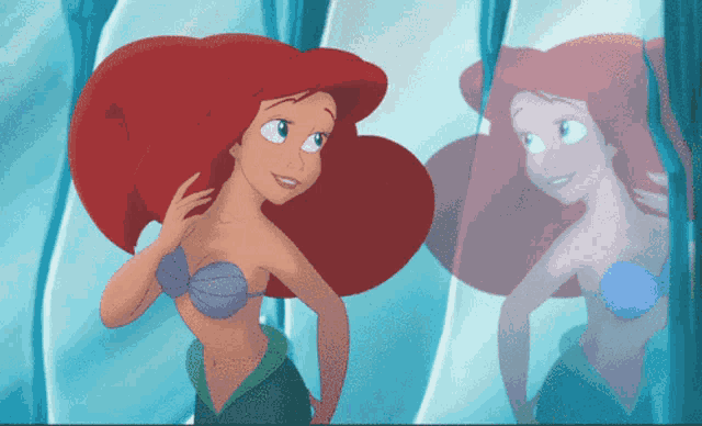 ariel from the little mermaid looking at her reflection in a mirror