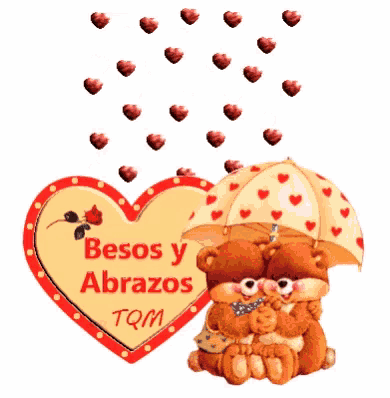 two teddy bears hugging under an umbrella next to a heart that says besos y abrazos tqm