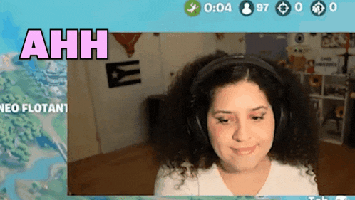a woman wearing headphones with the word ahh above her head