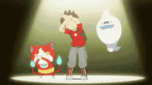 a boy is standing on a stage with a ghost and a cat .