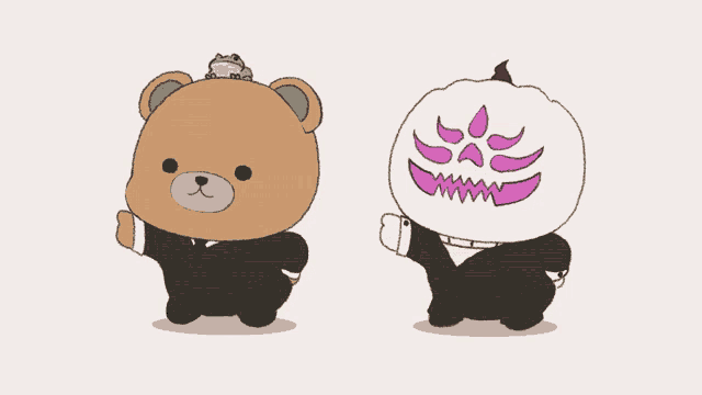 a teddy bear with a frog on his head and a skeleton with a pumpkin on his head