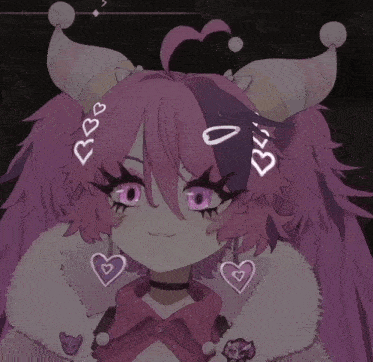 a cartoon character with pink hair and horns has hearts on her hair