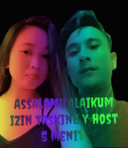 a man and a woman are standing next to each other with the words assalamualaikum izin tasking y host