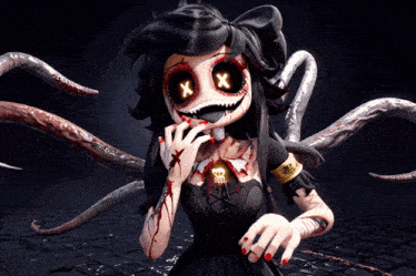 a cartoon character with x 's on her eyes and a skull necklace