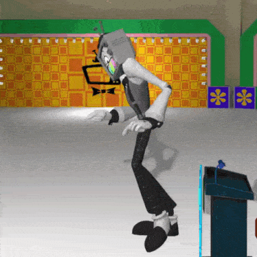 a cartoon character with a television on his head is dancing