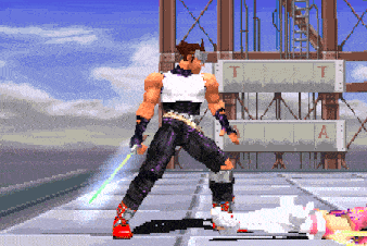 a pixel art of a man holding a sword in front of a building with the letter t on it