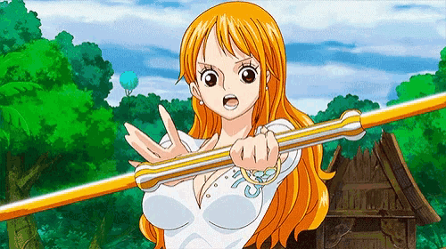 nami from one piece is holding a sword in her right hand