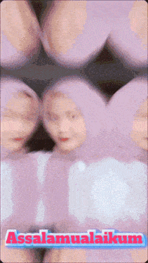 a girl in a purple hijab is surrounded by pink balloons and the words assalamualaikum