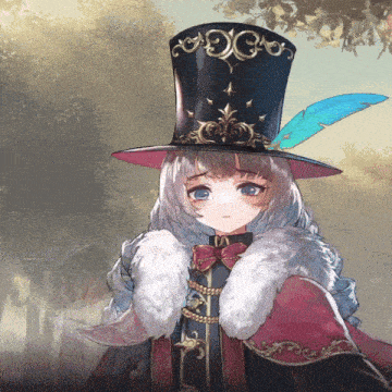 a girl wearing a top hat with a feather and the letter c on it