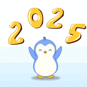 a blue and white penguin is holding the number 2025