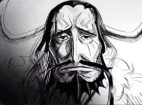 a black and white drawing of a man with long hair and a beard
